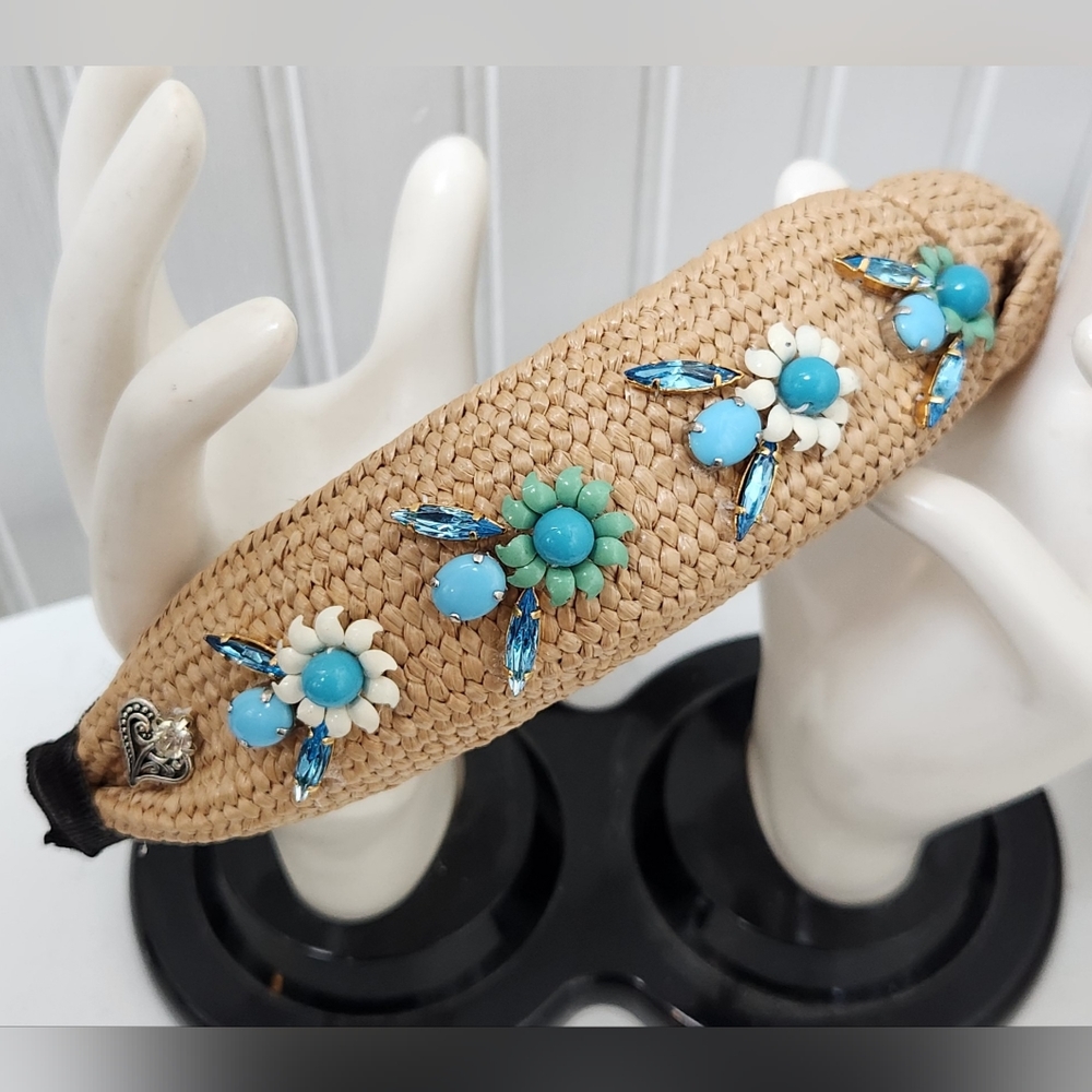 Handbeaded Tan Straw Rattan Headband One of a Kind